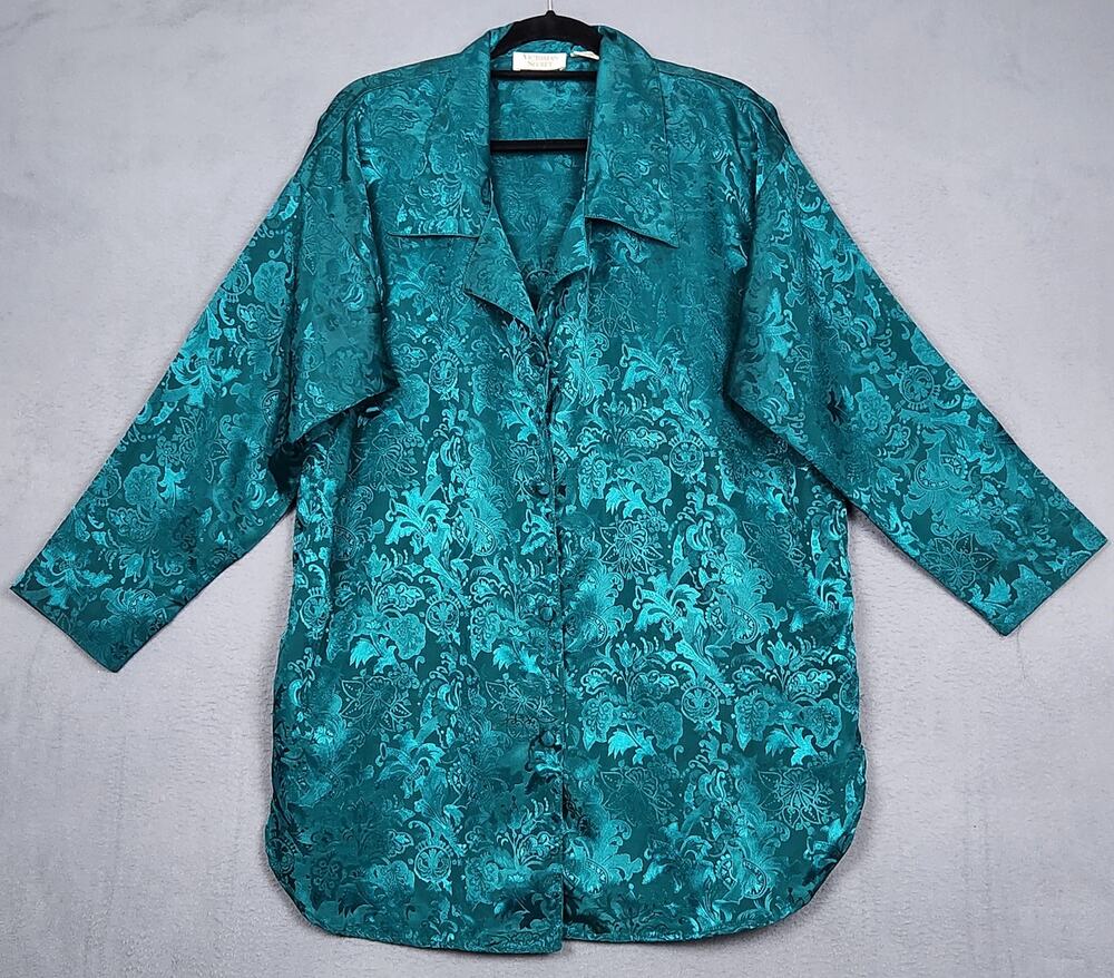 VICTORIAS SECRET Gold Label Top Womens M/L Green Floral Button Up Collared